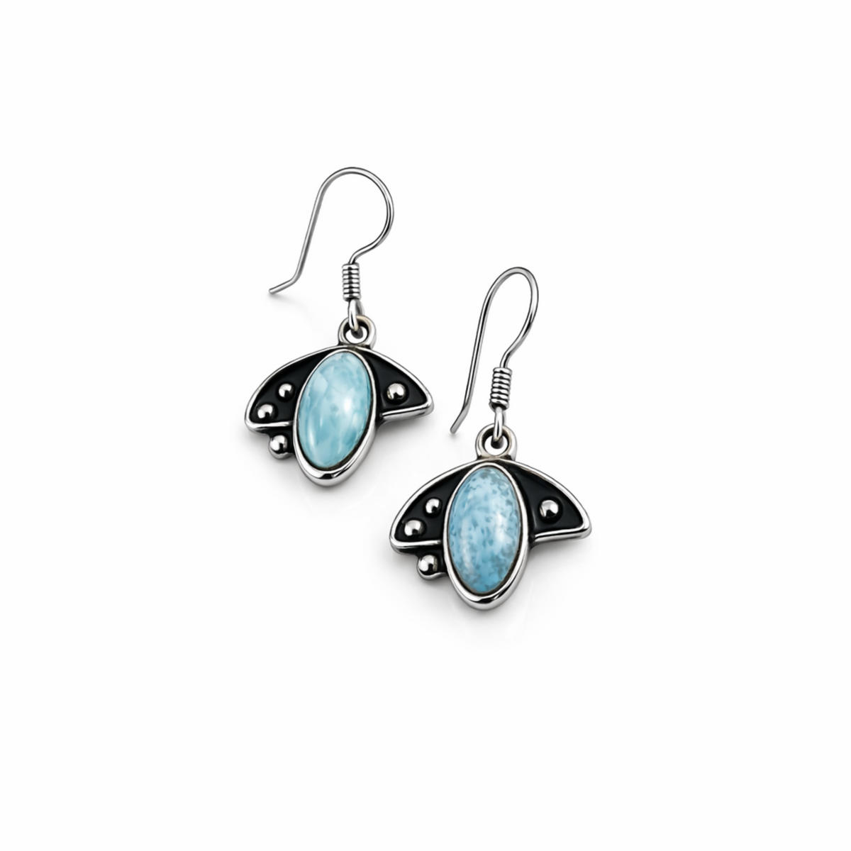Dangle earrings in the shape of a flight, made of larimar stone.